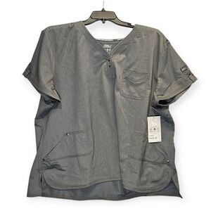 Dickies Scrub Top Womens 3XL Heather Pewter Gray Short Sleeve Snap Front Pockets